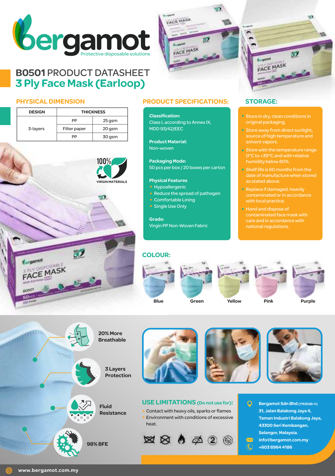 TGA Certificated Bergamot B501 3 Ply Earloop Face Masks - ARTG ID 334033