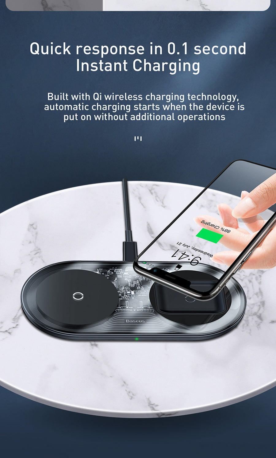 Baseus 15W 2in1 Simple Phone and Airpods Qi Wireless Charger - Black