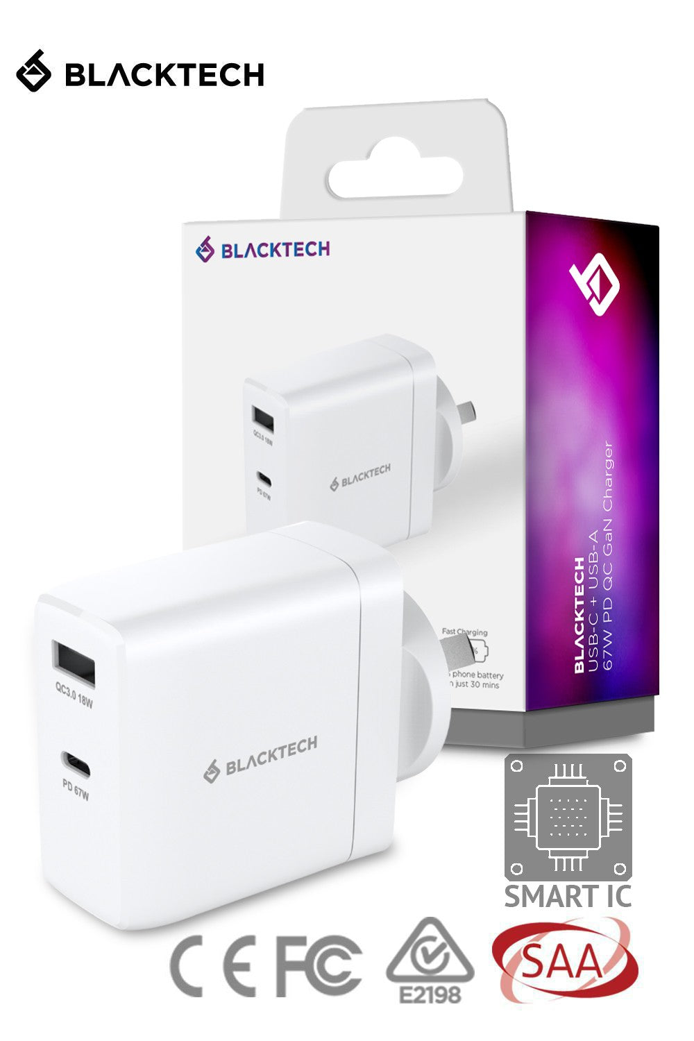 BLACKTECH Dual USB-C USB-A 20W 67W PD QC Charger SAA Approved
