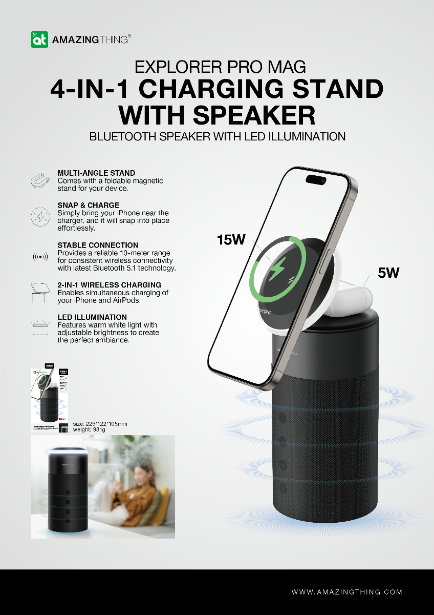 AMAZINGTHING Explorer Pro Mag 4-IN-1 Charging Stand with Speaker