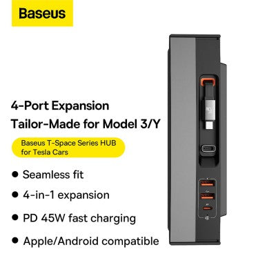 Baseus T-Space Series HUB for Tesla Cars (With a retractable 45W type-C cable)-Cluster Black