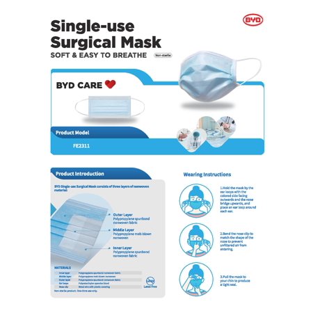 TGA Certificated BYD 3 Ply Single Use Disposable Face Mask - ARTG ID 332299