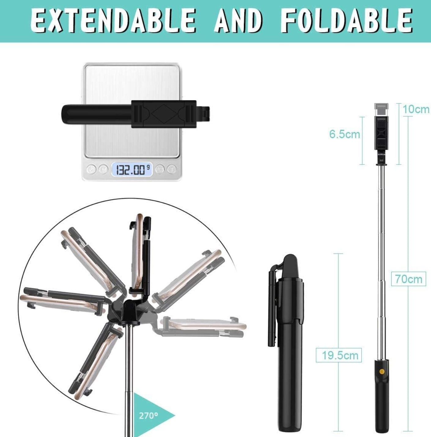 K07 Extendable Wireless Remote Selfie Stick Tripod Holder Mount