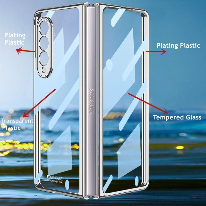 Front Tempered Glass Transparent Case for Samsung galaxy Z Fold 3 4 Cover Plating Frame Hard Clear S Pen Slot Holder Back Case