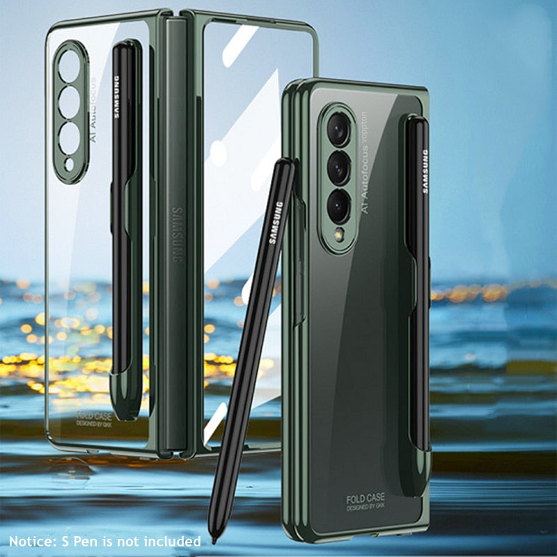 Front Tempered Glass Transparent Case for Samsung galaxy Z Fold 3 4 Cover Plating Frame Hard Clear S Pen Slot Holder Back Case
