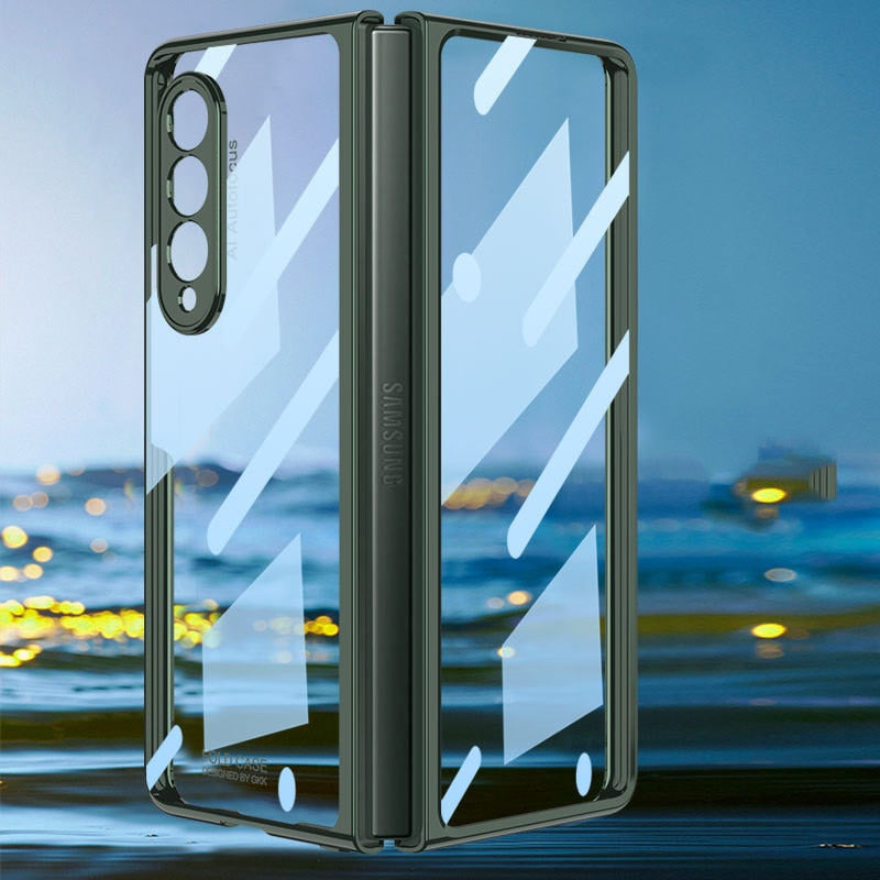 Front Tempered Glass Transparent Case for Samsung galaxy Z Fold 3 4 Cover Plating Frame Hard Clear S Pen Slot Holder Back Case