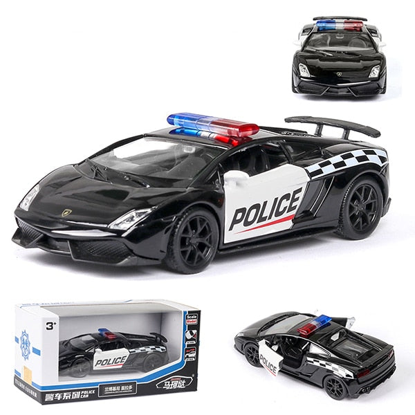 1/36 Diecast Alloy Police Car Models Challenger 2 Doors Opened With Pull Back Function Metal Sports Cars Model For Children Toys