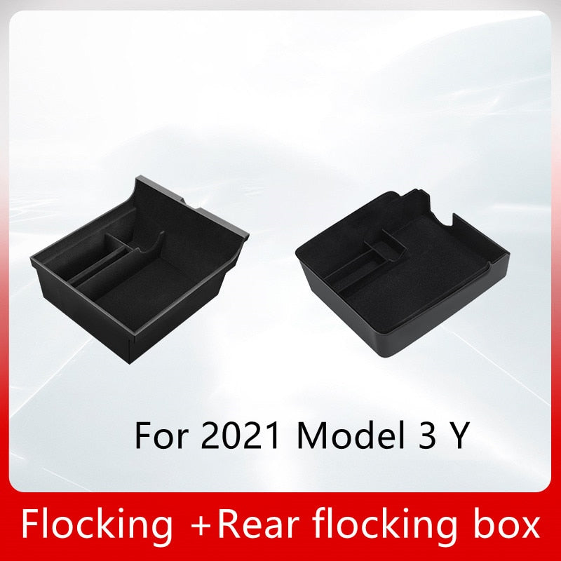 TEFUN For Tesla Model 3 Y 2021 2022 Storage Box Car Central Armrest Flocking/ABS Storage Box Organizer Model 3 2021 Accessories