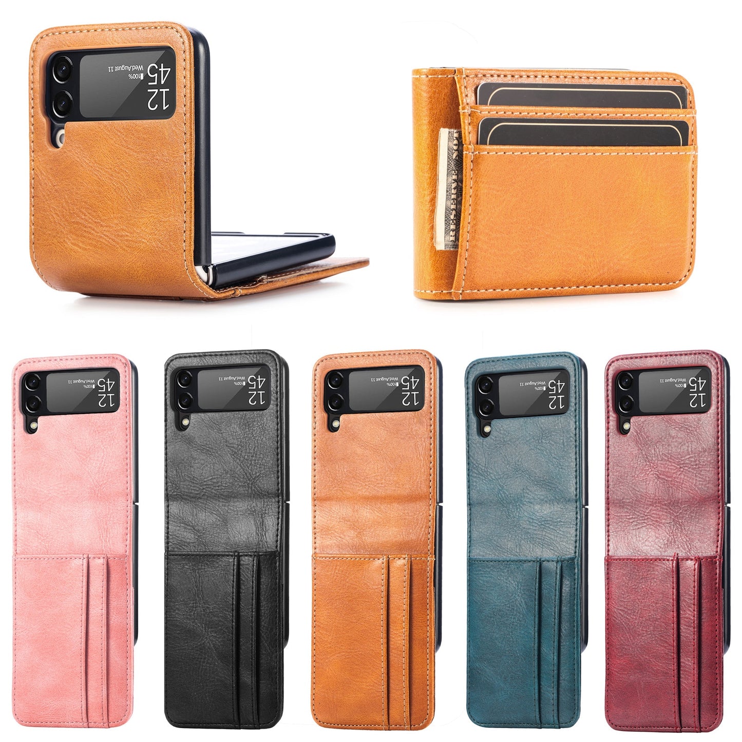 Card Holder Wallet Leather Case for Samsung Galaxy Z Flip 3 Flip4 5G Flip 4 Flip3 Anti-Slip Matte Feeling Plain Phone Cover