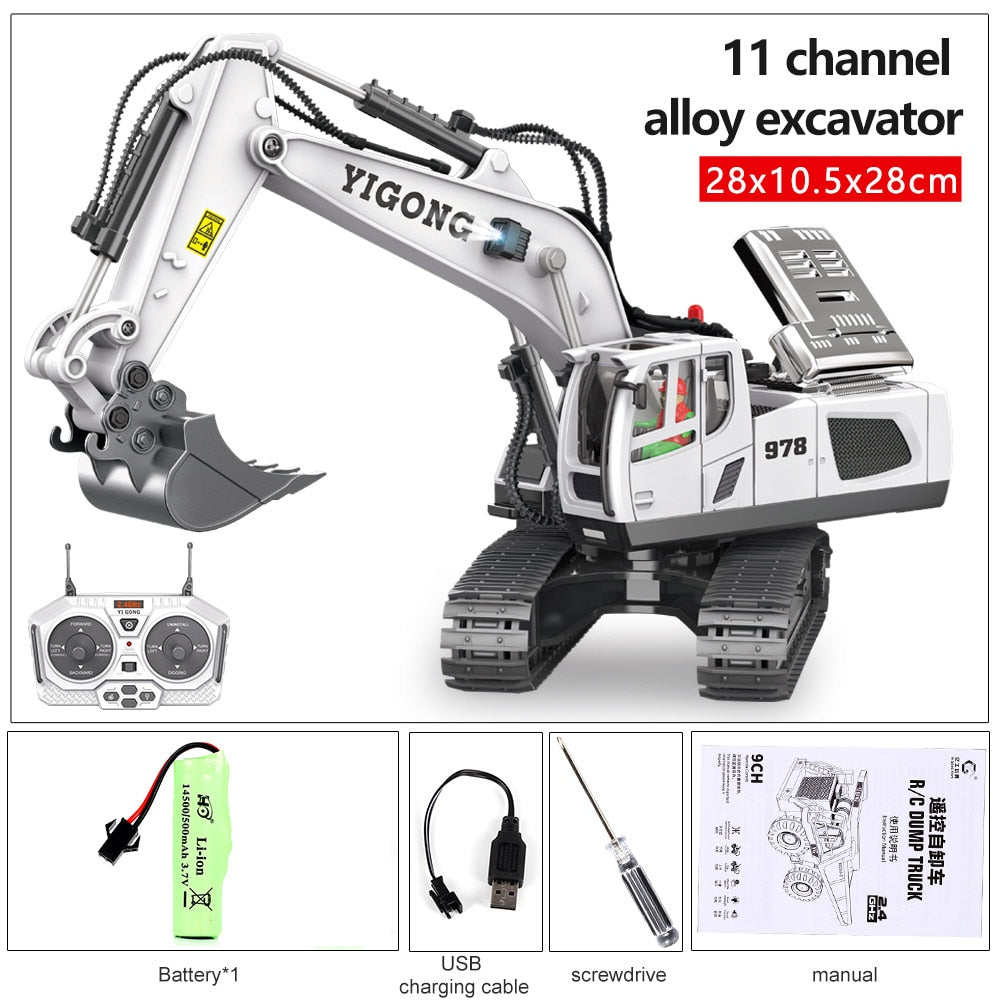 2.4G High Tech 11 Channels RC Excavator Dump Trucks Bulldozer Alloy Plastic Engineering Vehicle Electronic Toys For Boy Gifts