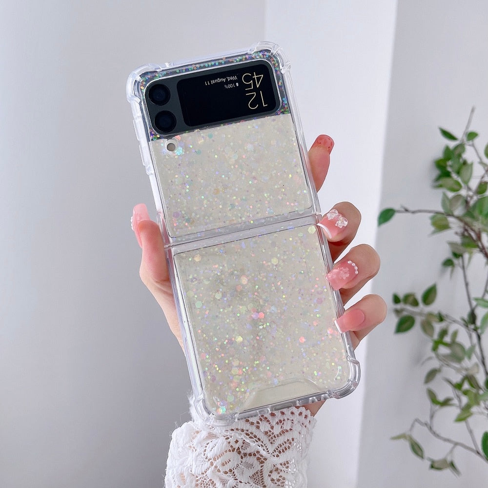 For Samsung Z Flip 3 Case Fantasy Sequin Transparent Folding Phone Case For Samsung Z Flip 4 Z Flip3 Shockproof Hard Back cover