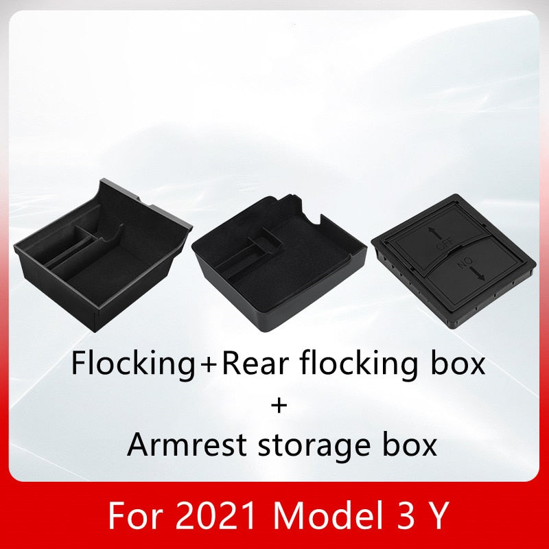 TEFUN For Tesla Model 3 Y 2021 2022 Storage Box Car Central Armrest Flocking/ABS Storage Box Organizer Model 3 2021 Accessories