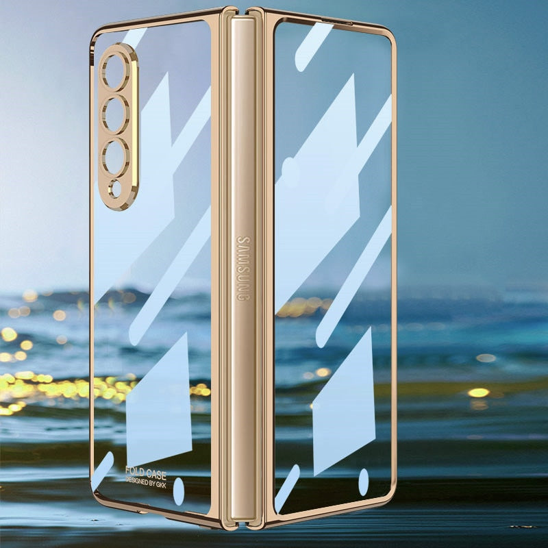 Front Tempered Glass Transparent Case for Samsung galaxy Z Fold 3 4 Cover Plating Frame Hard Clear S Pen Slot Holder Back Case