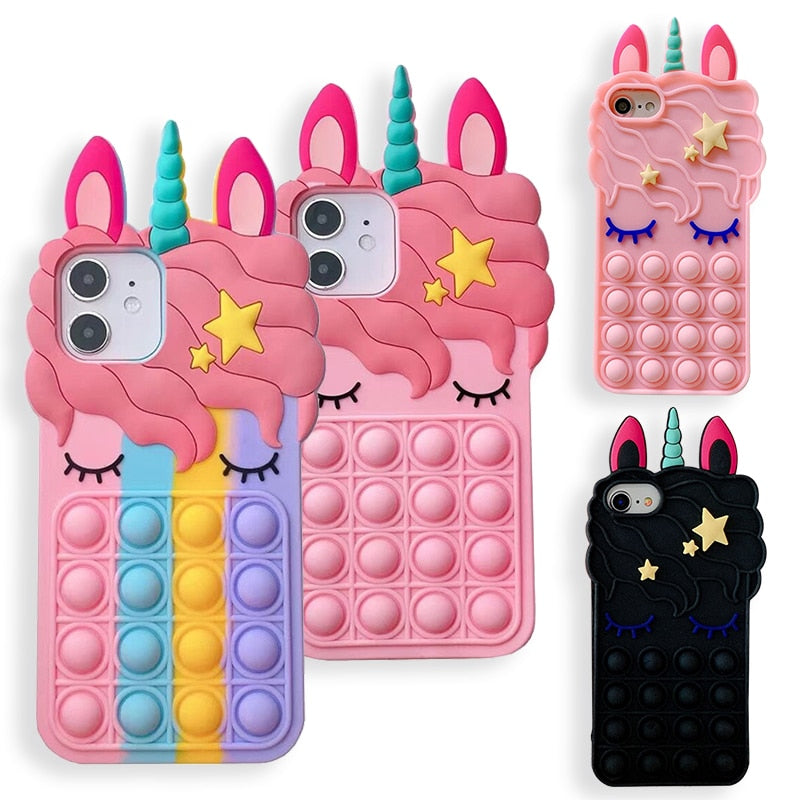 Relieve Stress Fidget Toys Push It Bubble 3D Unicorn Soft Cover For iPhone
